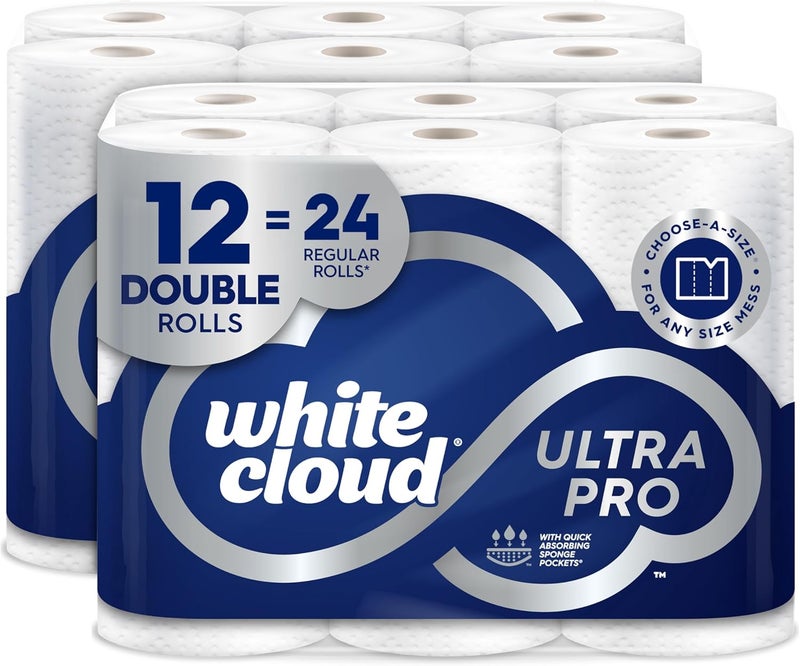White Cloud Ultra PRO Ultra Absorbent Paper Towel, Choose-a-Size Sheets, 2 Packs of 6 DOUBLE Rolls = 24 Regular Rolls - Image 1